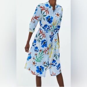 Zara Floral Blue Stripes Midi Dress Tied Waisted Button Up Lightweight Size M